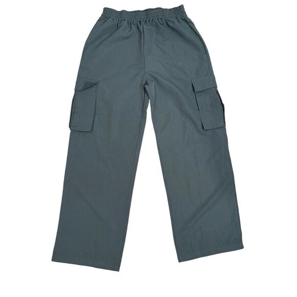 SHEIN Solid Gray Cargo Pants 100% Polyester wide leg bell bottoms elastic L - Picture 1 of 9